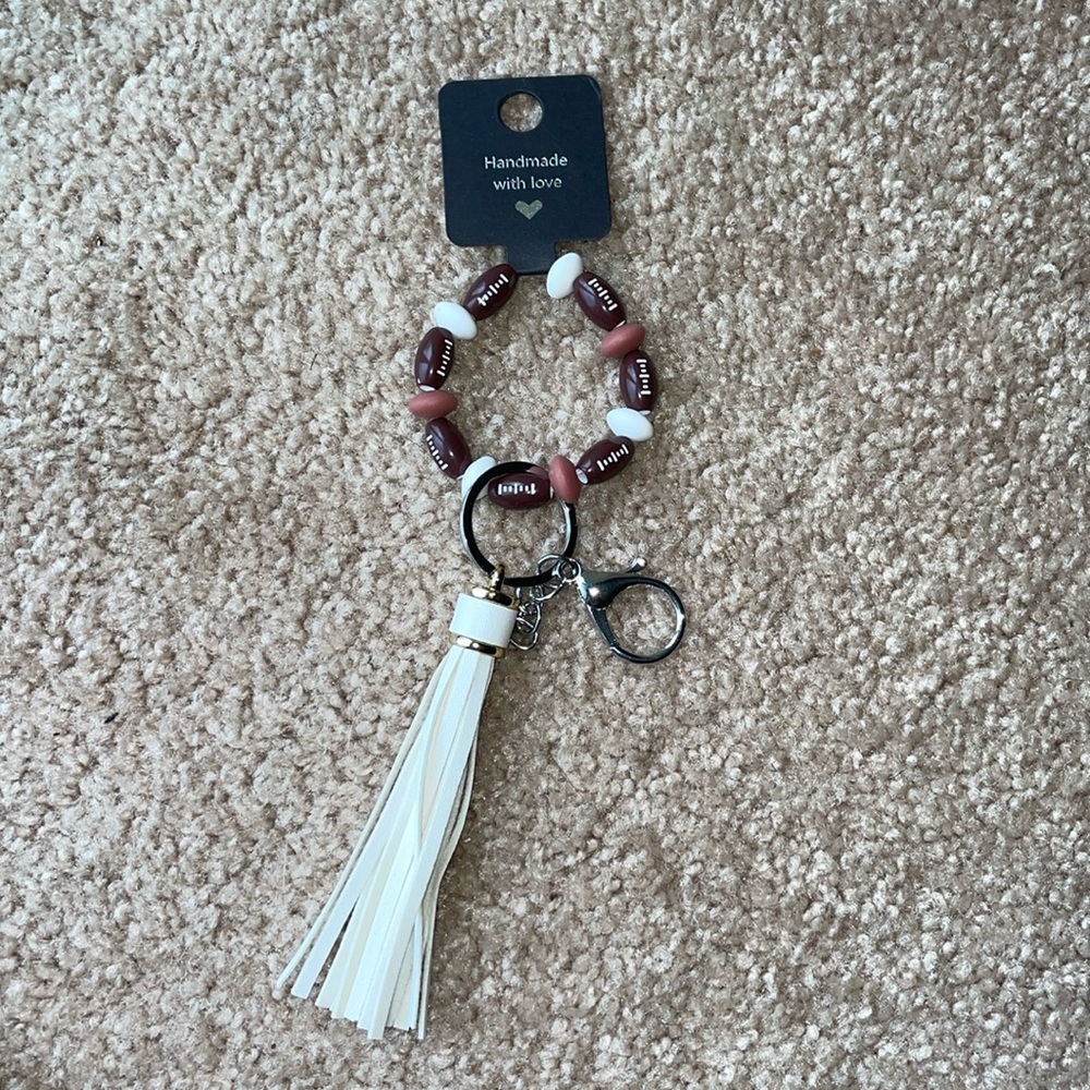 Football Bead Bracelet Wrist Keychain Leather Tassel  Key Ring Bag Accessories